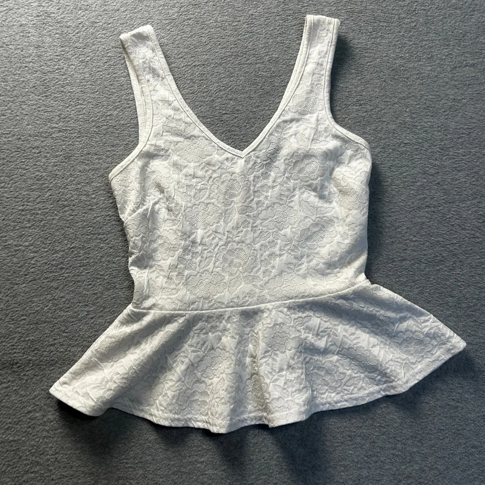 Topshop Sleeveless Womens‎ US 2 White Lace Floral Peplum Coquette Tank Top